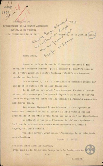 Memorandum from Ismet Inonu to Bompard regarding damages by Greeks in Thrace.