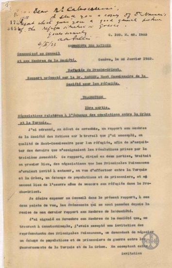 Memorandum from Nansen to the Supreme Council of the League of Nations about the refugees of the Near East.