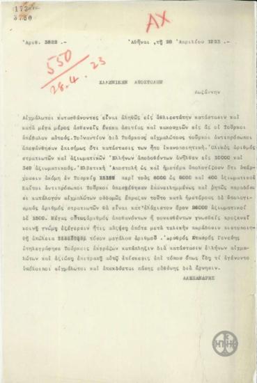 Τηλεγράφημα του Α.Αλεξανδρή προς την Ελληνική Αποστολή στη Λωζάννη σχετικά με την κατάσταση των Ελλήνων αιχμαλώτων στην Τουρκία.