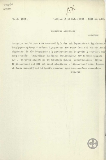 Τηλεγράφημα του Σ.Γονατά προς την Ελληνική Αποστολή στη Λωζάννη σχετικά με την ανταλλαγή αιχμαλώτων μεταξύ Ελλάδας και Τουρκίας.