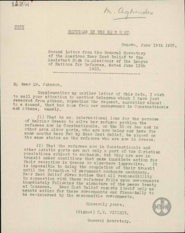 Letter from C. V. Vickrey to Johnson regarding the refugees of the Near East.