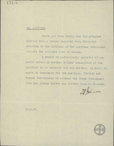 Letter from Johnson to T. Agnidis regarding the American loan to Greece.