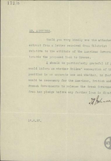 Επιστολή του Johnson προς τον Θ.Αγνίδη σχετικά με το δάνειο της Αμερικής προς την Ελλάδα.