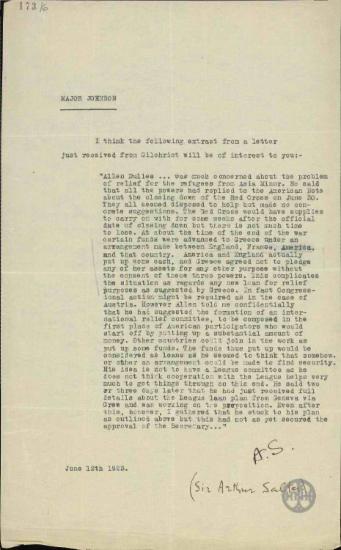 Επιστολή του Arthur Salter προς τον Johnson σχετικά με την υπόθεση δανείου για τους πρόσφυγες από τη Μικρά Ασία.