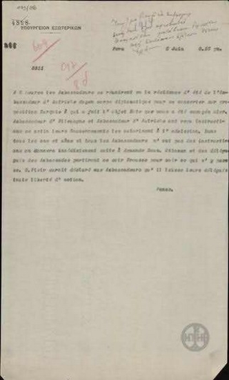 Τηλεγράφημα Δ. Πανά προς το Υπουργείο Εξωτερικών σχετικά με την κατάσταση των Ελλήνων της Προύσσας.