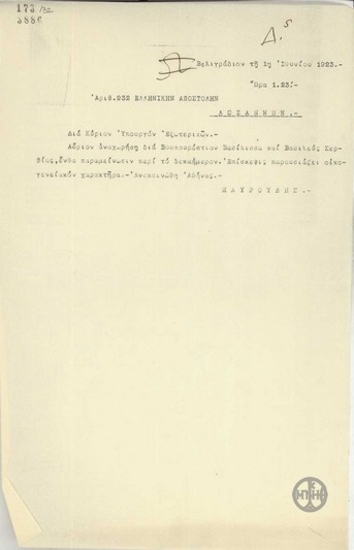 Τηλεγράφημα του Ν.Μαυρουδή προς την Ελληνική Αντιπροσωπεία στη Λωζάννη για τον Α.Αλεξανδρή σχετικά με την επίσκεψη του βασιλικού ζεύγους της Σερβίας στο Βουκουρέστι.
