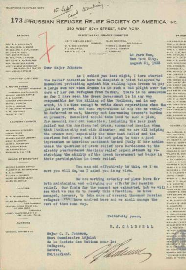 Επιστολή του R.J.Caldwell προς τον C.F.Johnson σχετικά με απαίτηση της Ιταλίας για αποζημίωση από την Ελλάδα.