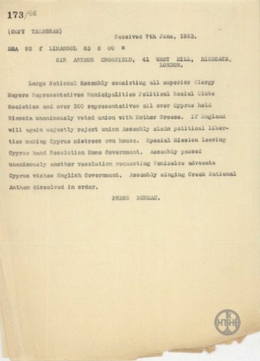 Telegram from the Press Office to A. Crosfield regarding developments in Cyprus.