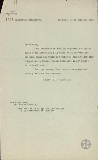 Επιστολή του Ε.Βενιζέλου προς τον Sir Horace Rumbold σχετικά με την αποστολή αντιγράφου της επιστολής του προς τον Pelle.