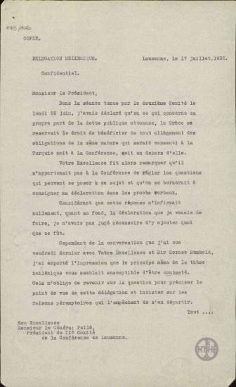 Επιστολή του Ε.Βενιζέλου προς τον Pelle σχετικά με τη συνεδρίαση της 25ης Ιουνίου της Δεύτερης Επιτροπής της Συνδιάσκεψης της Λωζάννης.