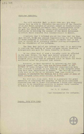Επιστολή του J.F.Johnson προς τον Θ.Αγνίδη σχετικά με τους 16000 Έλληνες πρόσφυγες στην Κωνσταντινούπολη.