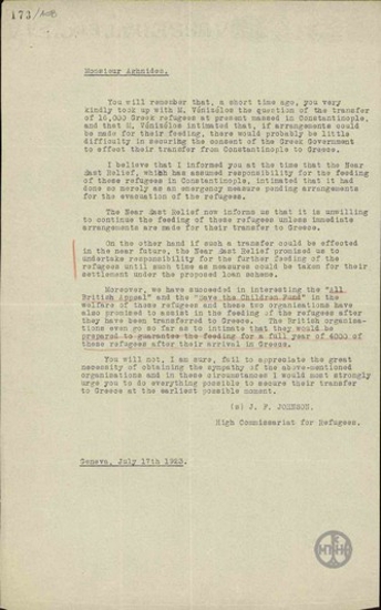 Letter from J. F. Johnson to T. Agnidis regarding the 16 000 Greek refugees in Constantinople.