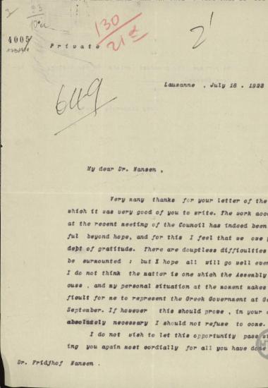 Επιστολή του Ε.Βενιζέλου προς τον Nansen με την οποία του εκφράζονται ευχαριστίες για την προσφορά του στην Ελλάδα.