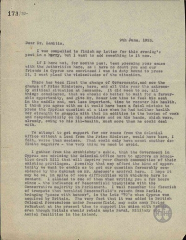Επιστολή του A.Crosfield προς τον Λανίτη σχετικά με το ζήτημα της Ένωσης της Κύπρου με την Ελλάδα.