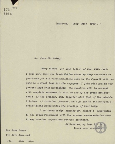 Επιστολή προς τον E.Drummond με την οποία εκφράζονται ευχαριστίες για τη βοήθεια του για το προσφυγικό δάνειο.