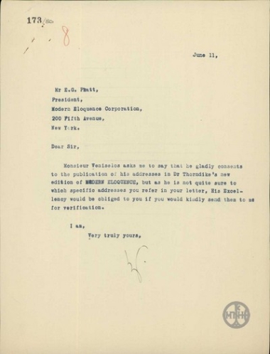 Επιστολή προς τον E.G.Pratt σχετικά με τη χορήγηση άδειας για δημοσίευση των ομιλιών του Βενιζέλου.