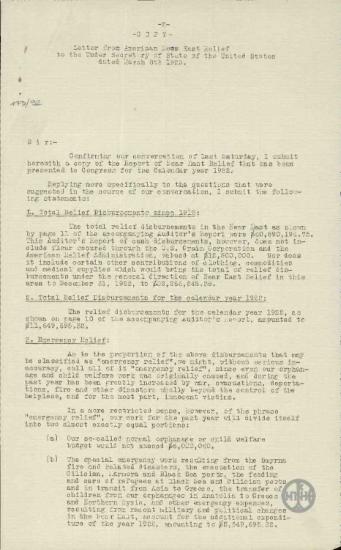 Επιστολή του C.V.Vickrey προς τον Υπογραμματέα του κράτους των Ηνωμένων Πολιτειών σχετικά με το ζήτημα των προσφύγων της Εγγύς Ανατολής.