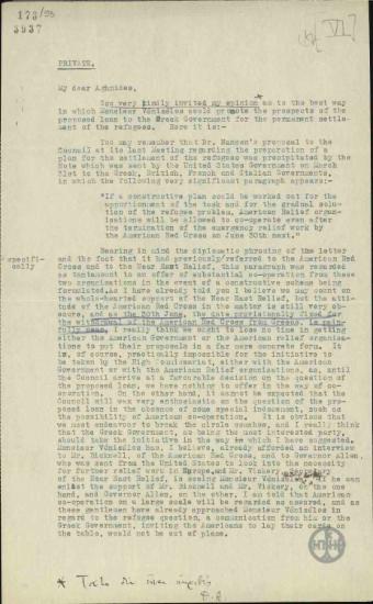 Επιστολή του Johnson προς τον Α.Αγνίδη σχετικά μετις ενέργειες της Ελληνικής Κυβέρνησης για τους πρόσφυγες.