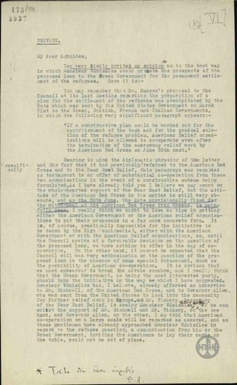 Επιστολή του Johnson προς τον Α.Αγνίδη σχετικά μετις ενέργειες της Ελληνικής Κυβέρνησης για τους πρόσφυγες.