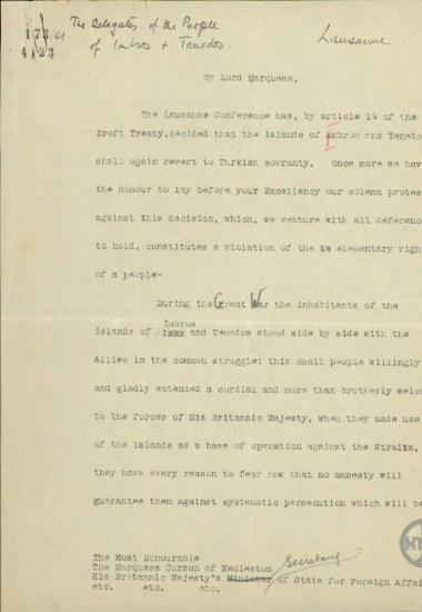 Επιστολή των Αντιπροσώπων της Ίμβρου και της Τενέδου προς τον Λόρδο Curzon σχετικά με την απόφαση τα δύο νησιά να τεθούν υπο τουρκική κυριαρχία.