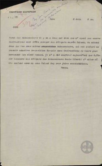 Τηλεγράφημα του Δ. Πανά προς το Υπουργείο Εξωτερικών σχετικά με συνάντηση του Ταλαάτ Βέη με πρεσβευτές.