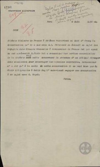 Τηλεγράφημα του Δ. Πανά προς το Υπουργείο Εξωτερικών σχετικά με πιέσεις της Γαλλίας για έναρξη διαπραγμετεύσων.