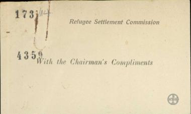 Κάρτα του Προέδρου της Επιτροπής Αποκατάστασης Προσφύγων Charles B.Eddy.