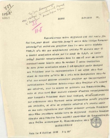 Telegram from P. Daskalopoulos regarding Greek-Turkish differences.
