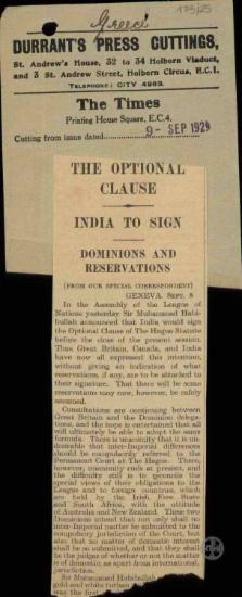 The Optional Clause. India to Sign, The Times.