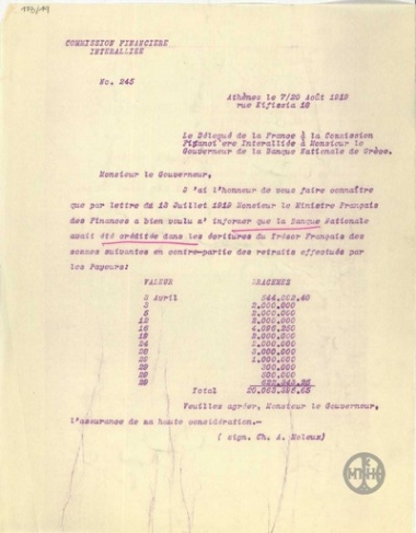 Επιστολή του C.Moleux προς τον Α.Ζαΐμη σχετικά με ποσά που πιστώθηκαν στην Εθνική Τράπεζα της Ελλάδας από το Γαλλικό Θησαυροφυλάκιο την περίοδο 3-29 Απριλίου 1919.