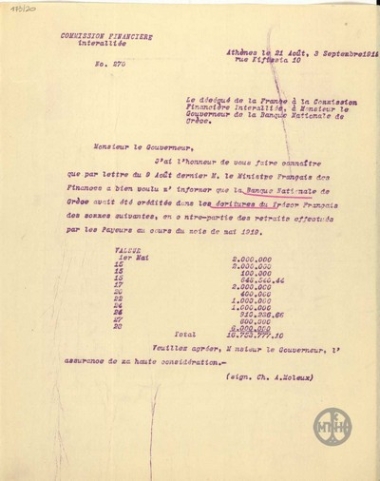 Επιστολή του C.Moleux προς τον Α.Ζαΐμη σχετικά με ποσά που πιστώθηκαν στην Εθνική Τράπεζα της Ελλάδας από το Γαλλικό Θησαυροφυλάκιο την περίοδο 1-28 Μαίου 1919.