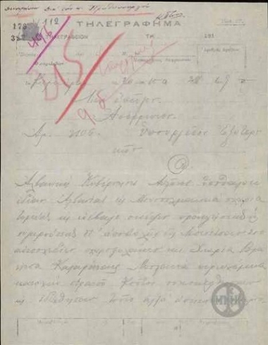 Τηλεγράφημα του Σ.Σπυρομήλιου προς το Υπουργείο Εξωτερικών για την πρόθεση της Αλβανίας να προκαλέσει ταραχές στον τομέα που κατέχεται από την Ελλάδα