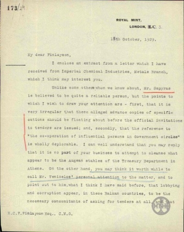 Letter from Johnson to H. Finlayson regarding evidence of corruption in the operation of financial agencies.