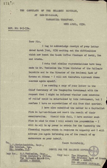 Letter from the Consul General of Greece in Tanganyika to L. P. Christianakis regarding his activities in support of the Greek farmers.
