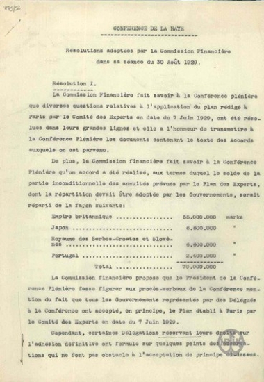 Decision of the Finance Committee of the Conference in the Hague during the session of 30th August, 1929.