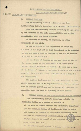 Note from P. N. Baker with the responsibilities of Parliamentary Secretaries.