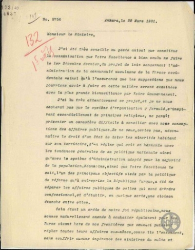 Letter from Tevfik Rustu Bey to S. Polychroniadis regarding the Muslim minority in Western Thrace.