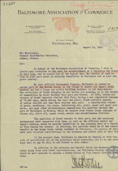 Επιστολή του G.H.Pouder προς τον Ε.Βενιζέλο σχετικά με το αίτημα για την ίδρυση Προξενείου ή Υποπροξενείου της Ελλάδας στη Βαλτιμόρη.