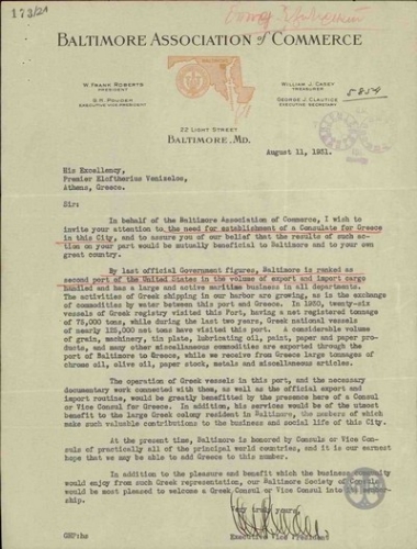 Επιστολή του G.H.Pouder προς τον Ε.Βενιζέλο σχετικά με το αίτημα για την ίδρυση Προξενείου ή Υποπροξενείου της Ελλάδας στη Βαλτιμόρη.