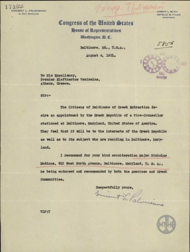 Επιστολή του V.Palmisano προς τον Ε.Βενιζέλο σχετικά με το αίτημα για την ίδρυση Υποπροξενείου ή Προξενείου στη Βαλτιμόρη.