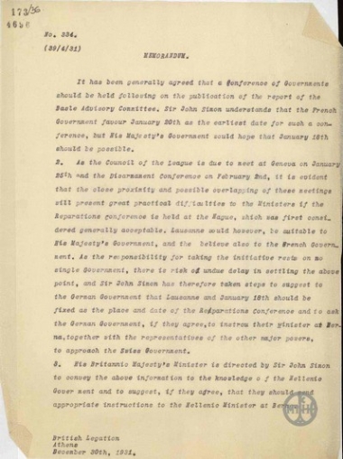 Υπόμνημα της Πρεσβείας της Βρετανίας στην Αθήνα σχετικά με το μέρος, όπου θα διεξαχθεί η Διάσκεψη των Επανορθώσεων.