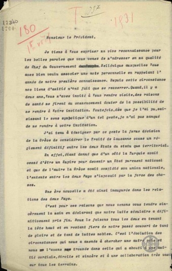 Address by E. Venizelos to Kemal Ataturk.