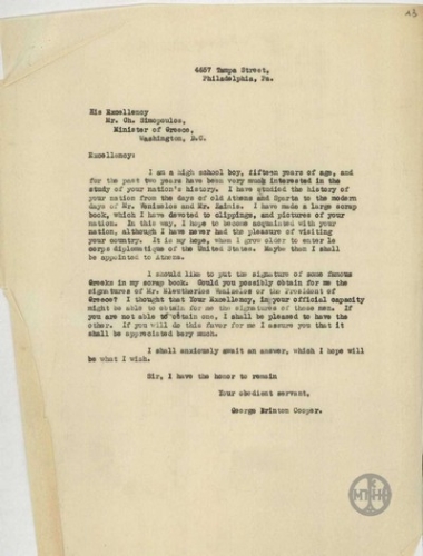 Letter from Cooper, Brinton George to C. Simopoulos regarding his claim for an autograph from Venizelos.