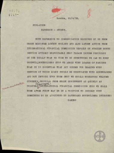 Τηλεγράφημα του Hambros προς τον Finlayson σχετικά με την αδυναμία της Ελληνικής Κυβέρνησης για την αποπληρωμή του χρέους της προς τους ομολογιούχους.