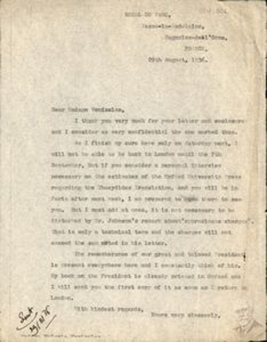 Typewritten letter by [Dimitris Kaklamanos] to Elena Venizelou, to arrange a meeting about issues concerning the publication by the University of Oxford of Venizelos' translation of Thucydides' History. He also mentions his book about Venizelos, and that he is constantly thinking of the late 