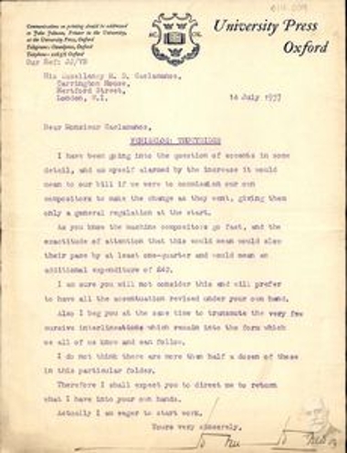 Typewritten letter by John Johnson of Oxford University to Dimitris Kaklamanos about Venizelos' translation of Thucydides' History.
