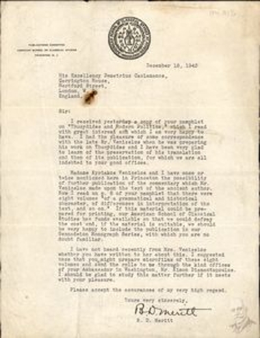 Δακτυλόγραφη επιστολή του B.D. Meritt από το Πανεπιστήμιο του Πρίνστον προς τον Δημήτρη Κακλαμάνο σχετικά με το ανάτυπό του 