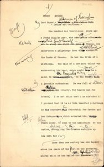 Δακτυλόγραφο σχεδίασμα με χειρόγραφες σημειώσεις επετειακού λόγου του Δ. Κακλαμάνου για τον Λόρδο Βύρωνα, πιθανότατα στο Νότινγχαμ.