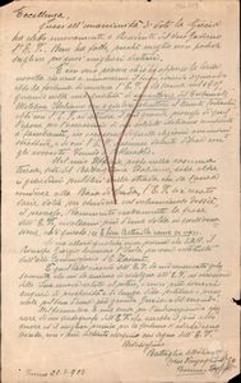 Letter by Battaglia Attilio to Eleftherios Venizelos, whom he had met in Crete in 1905 when he held the position of secretary to the legal interrogator of the Italian court-martial, lieutenant {Ladiechi}. He mentions that he repeatedly met him within the context of his responsibilities and that Venizelos, together with Foumis, had acted as a defense attorney in the case of the murder of an Italian soldier in Kabanos, Selino during the municipal elections, one month before the departure of Prince George from Crete. He ends by wishing success to Venizelos in his attempt to reconstruct Greece after his electoral victory in the 1928 elections.
