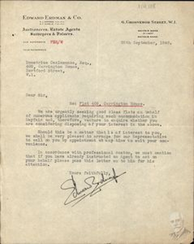 Επιστολή της μεσιτικής εταιρείας Edward Erdman & Co. στον Δ. Κακλαμάνο σχετικά με πιθανή πώληση του διαμερίσματός του.